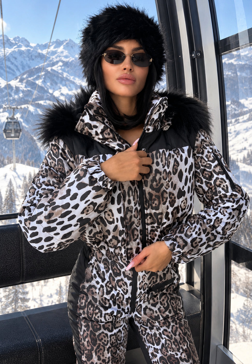 Women’s leopard ski jacket with black fur-trimmed hood by KRUTYAKOV