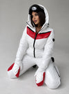 Women’s white one-piece ski suit with red panels and matching mittens