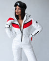 Women’s white ski suit SANTA with fitted waist and black ski goggles