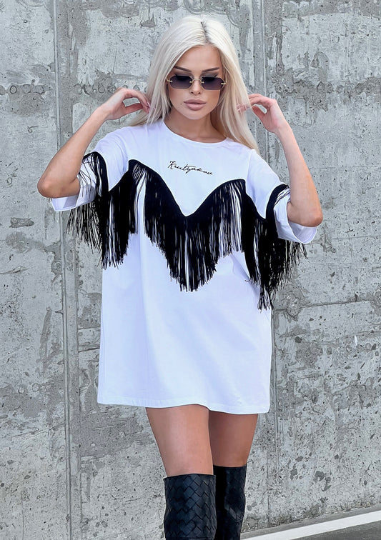 Front view of Ankora white fringe T-shirt styled as an everyday streetwear outfit with sunglasses and relaxed fit