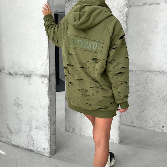 KRUTYAKOV designer khaki hoodie styled as an edgy streetwear dress