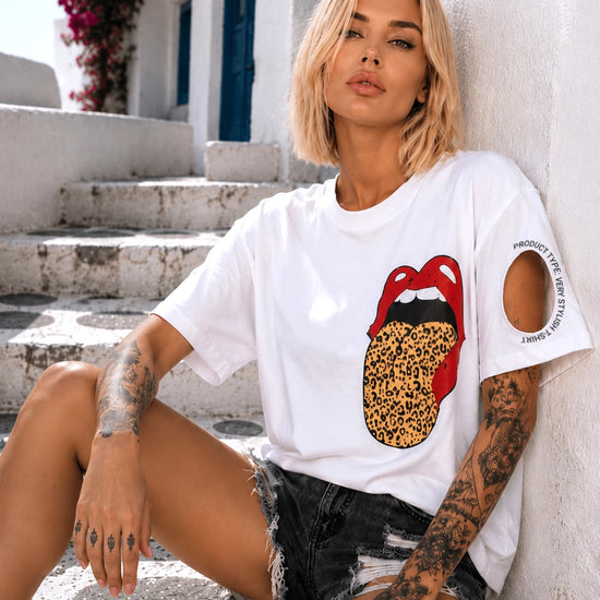 Side view of women’s white cotton T-shirt showing unique circular sleeve cutout and relaxed everyday fit