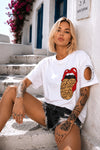 Side view of women’s white cotton T-shirt showing unique circular sleeve cutout and relaxed everyday fit