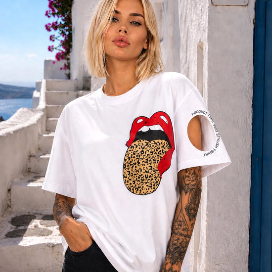 Front view of KRUTYAKOV white designer T-shirt with fashion graphic print and modern casual streetwear look