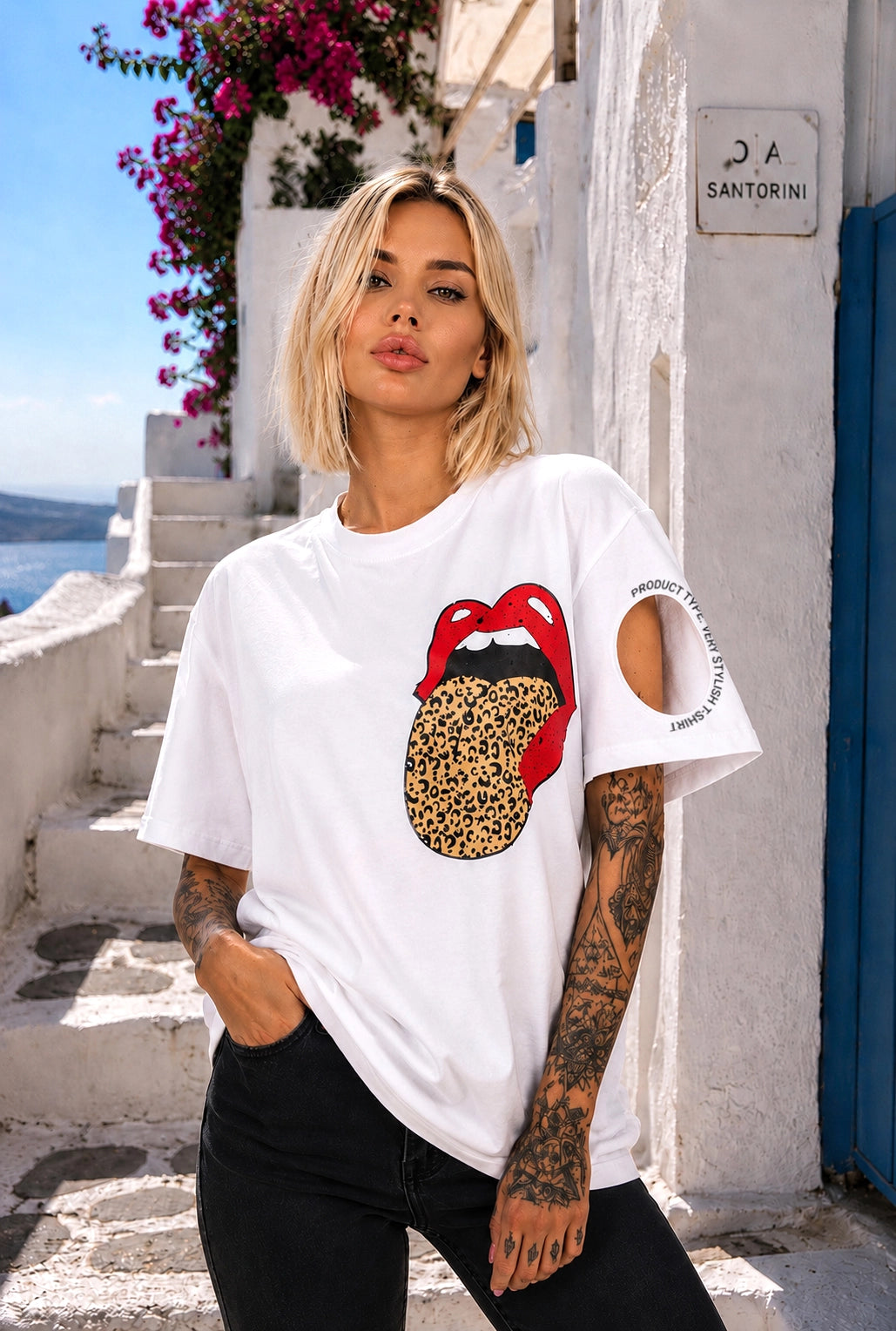 Front view of KRUTYAKOV white designer T-shirt with fashion graphic print and modern casual streetwear look