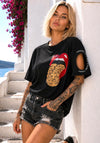 KRUTYAKOV Lips Leo black graphic T-shirt with bold lips print, leopard pattern detail, and designer streetwear style