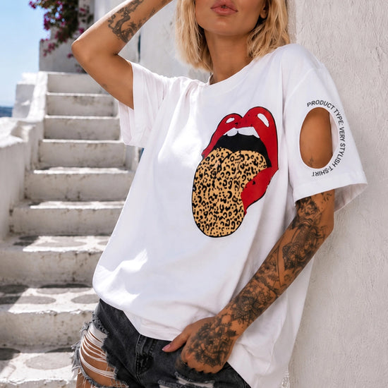 KRUTYAKOV Lips Leo white graphic T-shirt with bold lips print, leopard pattern detail, and designer streetwear style