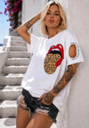 KRUTYAKOV Lips Leo white graphic T-shirt with bold lips print, leopard pattern detail, and designer streetwear style