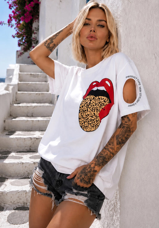 KRUTYAKOV Lips Leo white graphic T-shirt with bold lips print, leopard pattern detail, and designer streetwear style