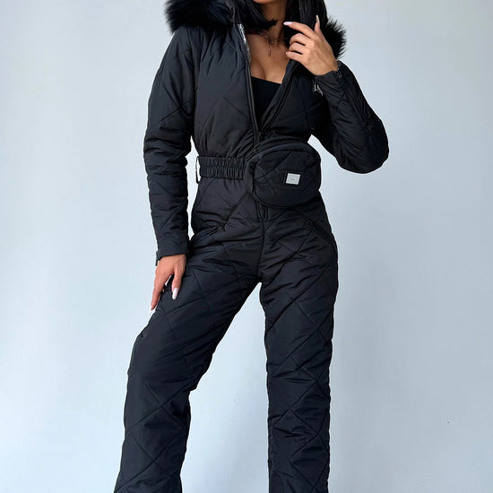 Women’s black matte one piece ski suit with fur hood and KRUTYAKOV belt bag