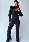 Women’s black matte one piece ski suit with fur hood and KRUTYAKOV belt bag