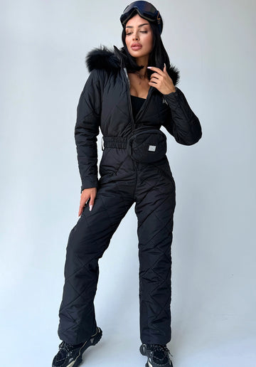 Women’s black matte one piece ski suit with fur hood and KRUTYAKOV belt bag