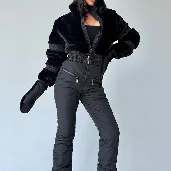 Women’s black winter jumpsuit with Black Rabbit eco fur by KRUTYAKOV