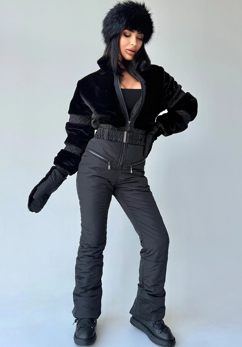 Women’s black winter jumpsuit with Black Rabbit eco fur by KRUTYAKOV