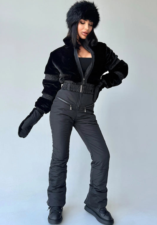 Women’s black winter jumpsuit with Black Rabbit eco fur by KRUTYAKOV