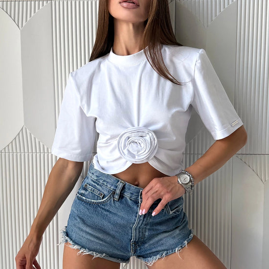 Women’s ROSETTE white rose detail t-shirt styled with denim shorts, premium cotton designer top by KRUTYAKOV