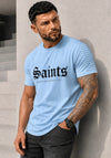 Men’s light blue SAINTS designer T-shirt by KRUTYAKOV with black velvet print and ribbed shoulder details