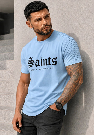 Men’s light blue SAINTS designer T-shirt by KRUTYAKOV with black velvet print and ribbed shoulder details