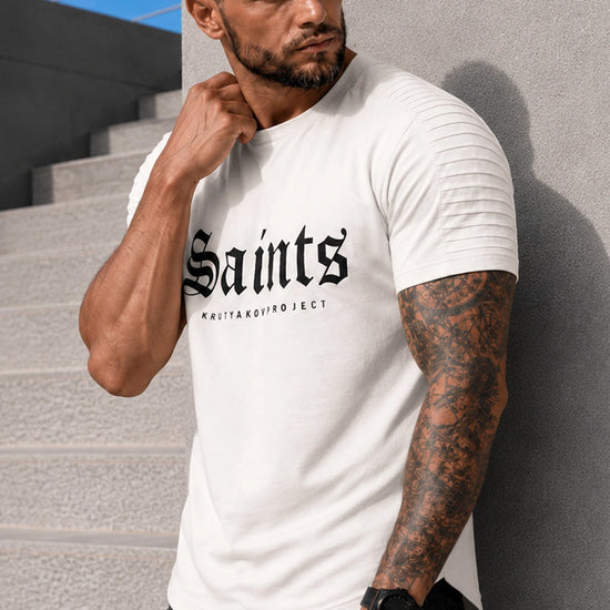 Men’s off white SAINTS designer T-shirt by KRUTYAKOV with black velvet print and ribbed shoulder details