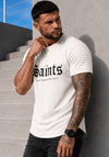 Men’s off white SAINTS designer T-shirt by KRUTYAKOV with black velvet print and ribbed shoulder details
