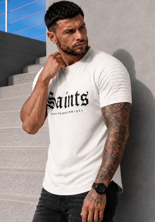 Men’s off white SAINTS designer T-shirt by KRUTYAKOV with black velvet print and ribbed shoulder details