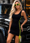KRUTYAKOV Verudela black lace-up mini dress with neon side lacing, sleeveless fit, and bold streetwear style