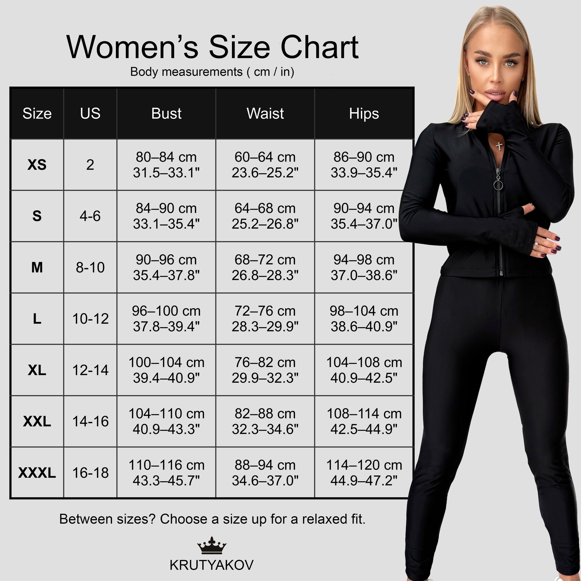 KRUTYAKOV women’s size chart in centimeters and inches showing bust, waist and hips measurements for XS–XXXL sizes.