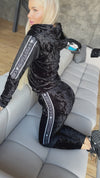 Luxury black velour lounge set for women with stretch fabric, soft handfeel, and polished sporty chic silhouette