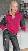 Burgundy cotton-blend hoodie for women with relaxed fit and leather sleeve details