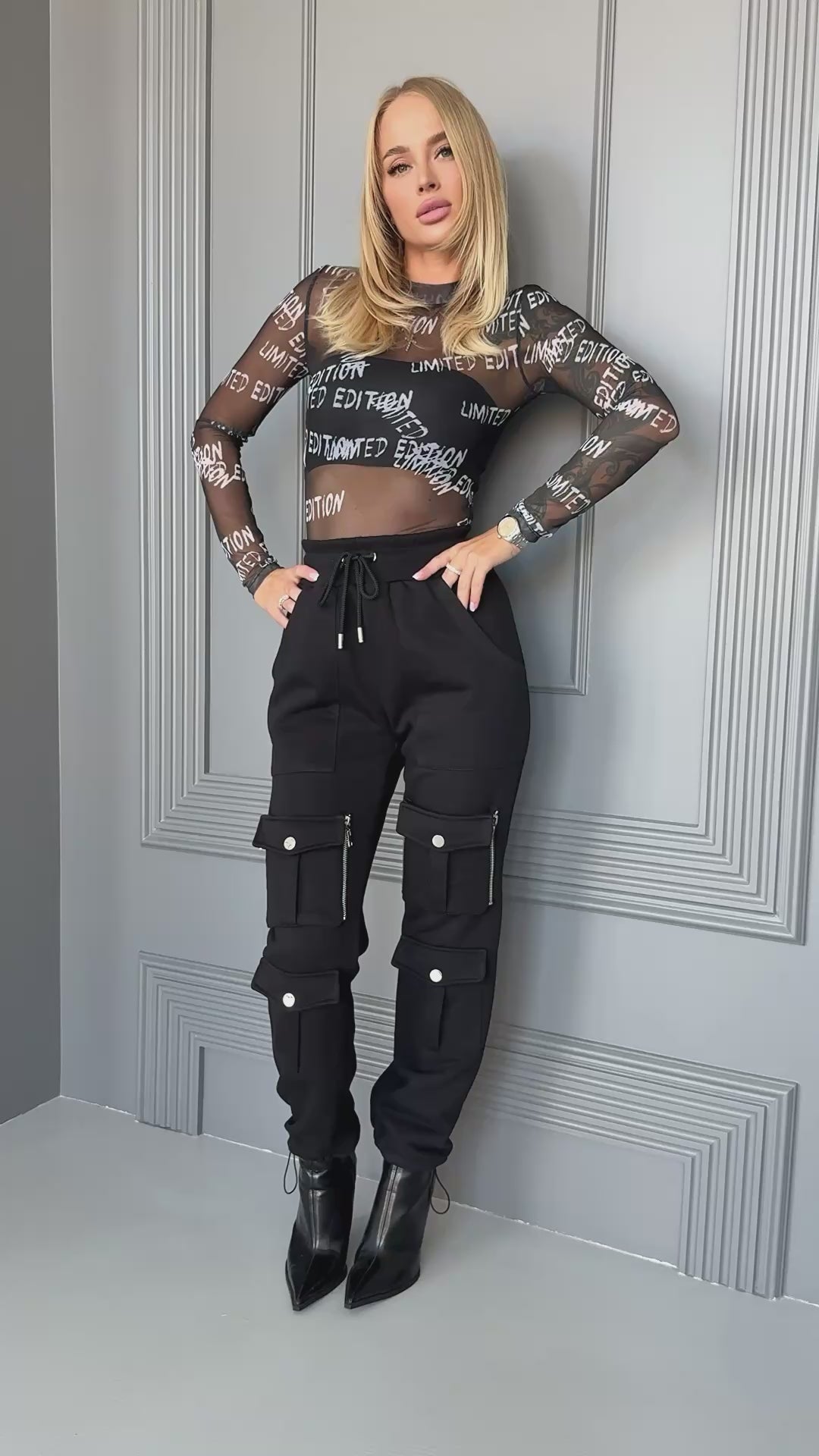 Women’s Helen cargo joggers in black with soft cotton blend, tapered fit, and premium casual streetwear vibe