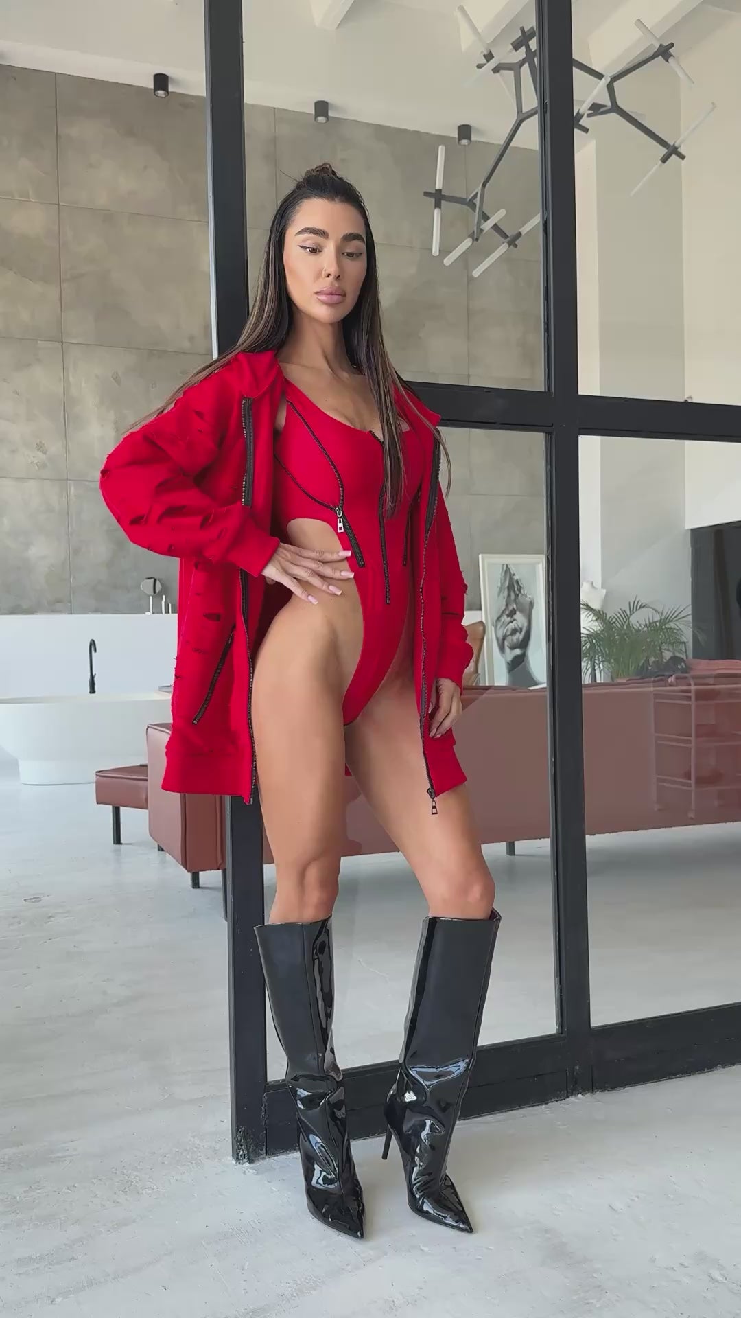 Women’s Designer Distressed Hoodie Destra Zipper — Red