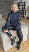 Women’s premium streetwear hoodie in navy blue with black designer accents