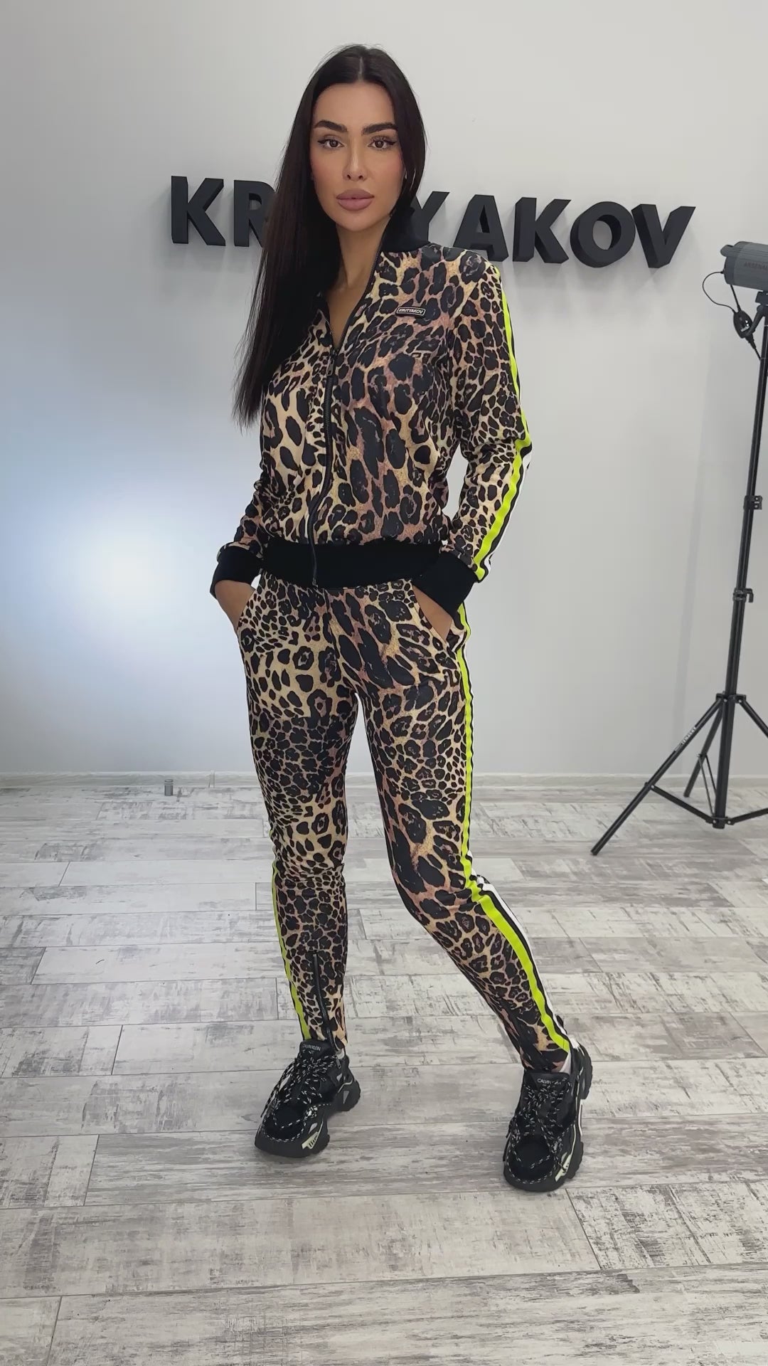 KRUTYAKOV Bruna women’s leopard tracksuit designed for travel, city outfits, and elevated casual wear