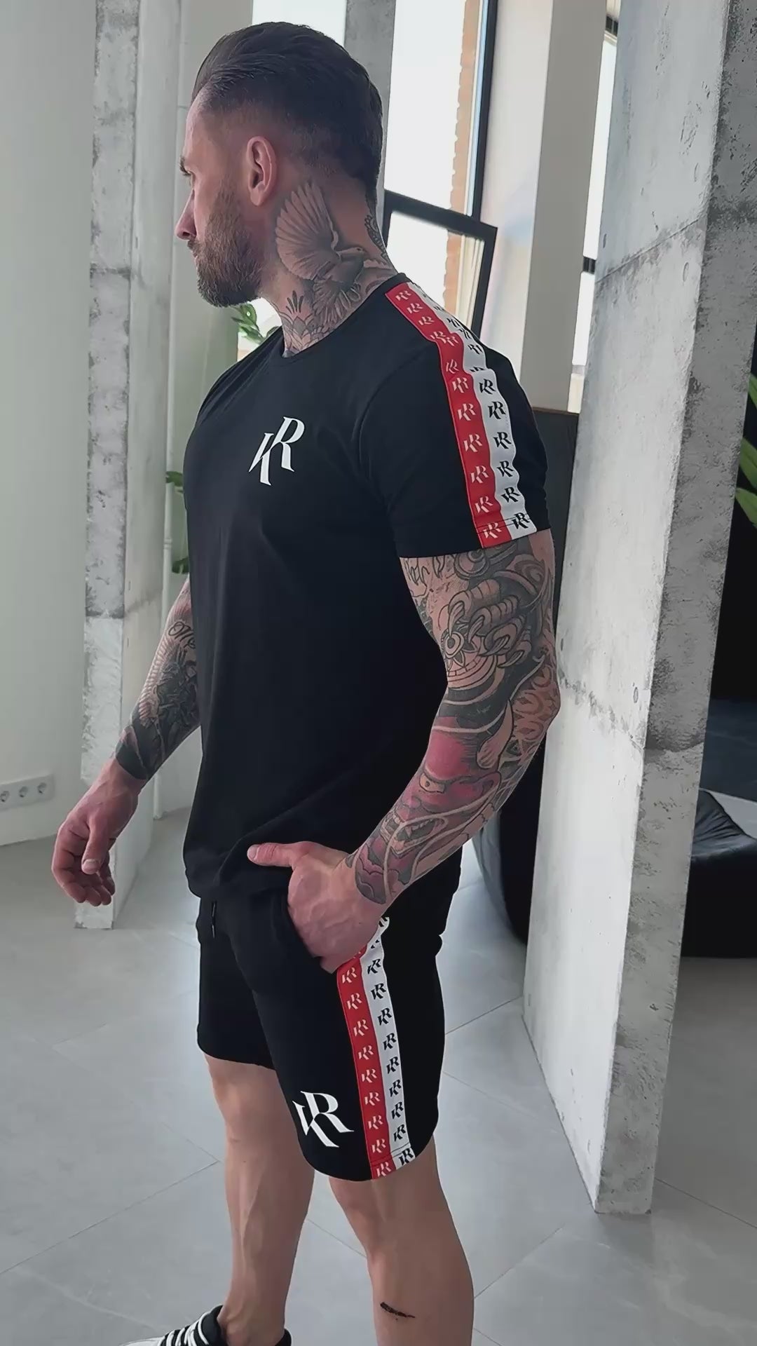 Men’s NIZZA black t-shirt and shorts set by KRUTYAKOV, designed for summer travel, streetwear, vacation and everyday casual style