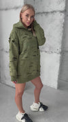 Women’s distressed khaki hoodie with long sleeves and relaxed oversized fit