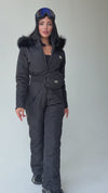 Women wearing KRUTYAKOV black matte one piece ski suit