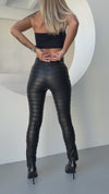RIBBED FAUX LEATHER SLIT LEGGINGS LINES BLACK