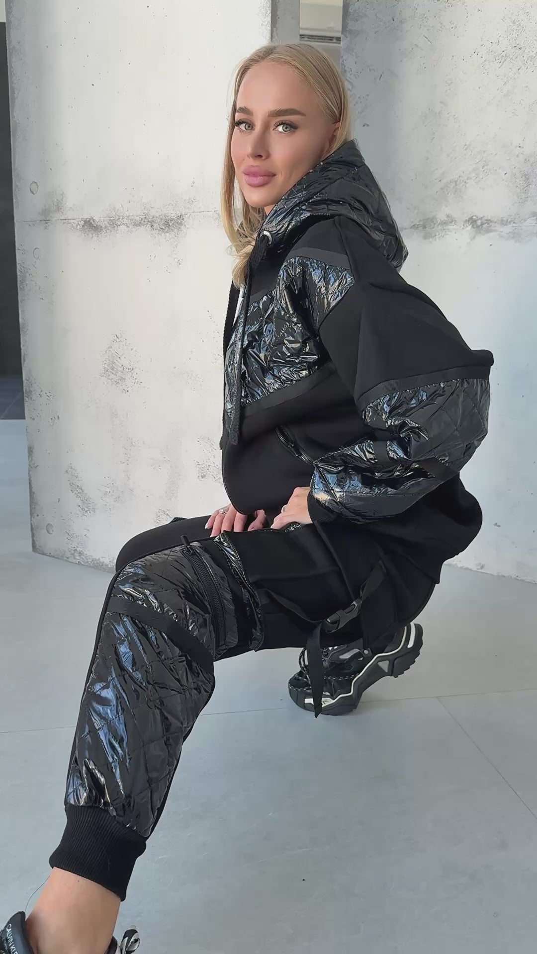 Women’s sporty chic black tracksuit with satin-touch coating, soft lining, and breathable cotton blend fabric